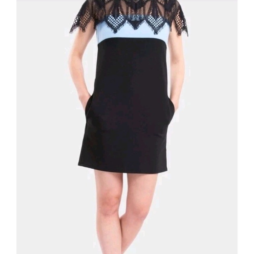 Maje Rocaille Lace-Paneled Two-Tone Crepe Dress Small In Black and Blue